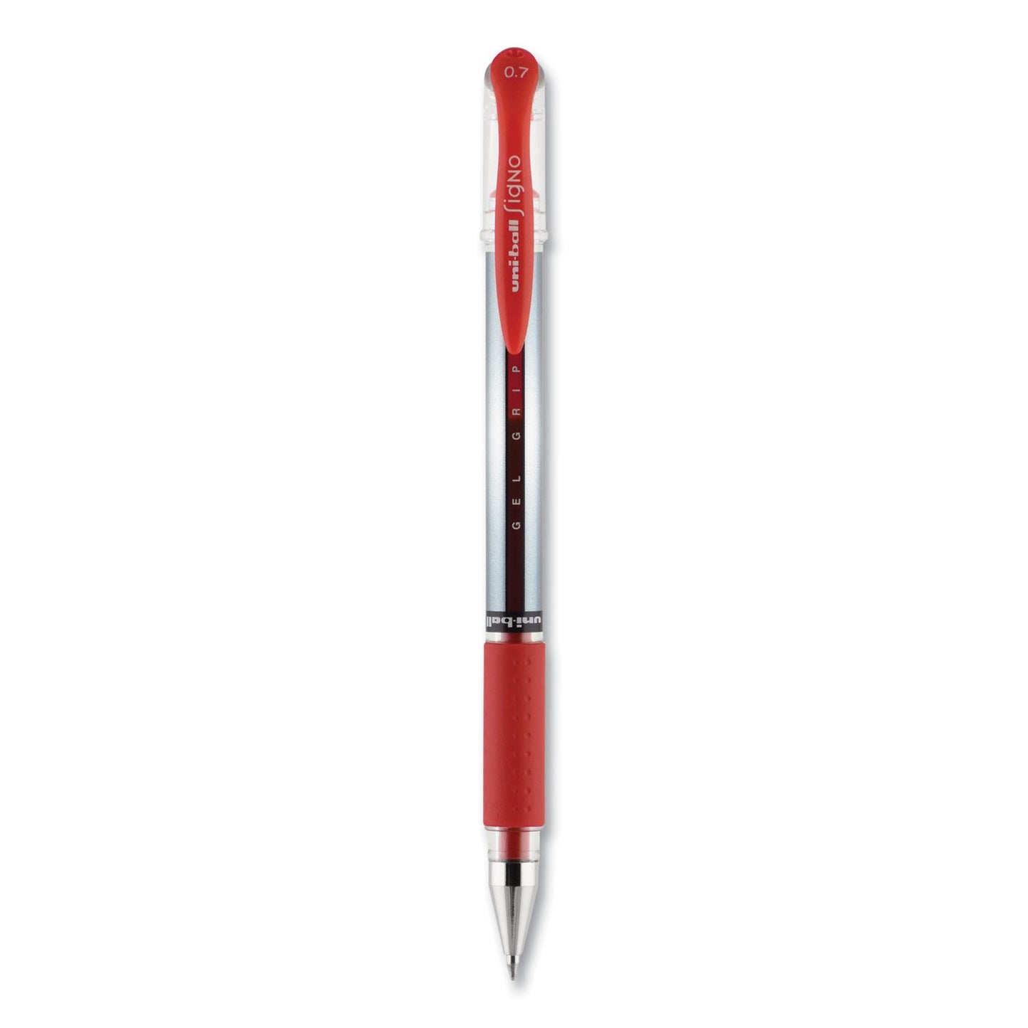 uniball Signo GRIP Gel Pen, Stick, Medium 0.7 mm, Red Ink, Silver/Red Barrel, Dozen