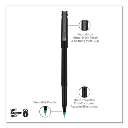 uniball Roller Ball Pen, Stick, Micro 0.5 mm, Green Ink, Black Matte Barrel, Dozen