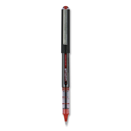 uniball VISION Roller Ball Pen, Stick, Micro 0.5 mm, Red Ink, Gray/Red Barrel, Dozen