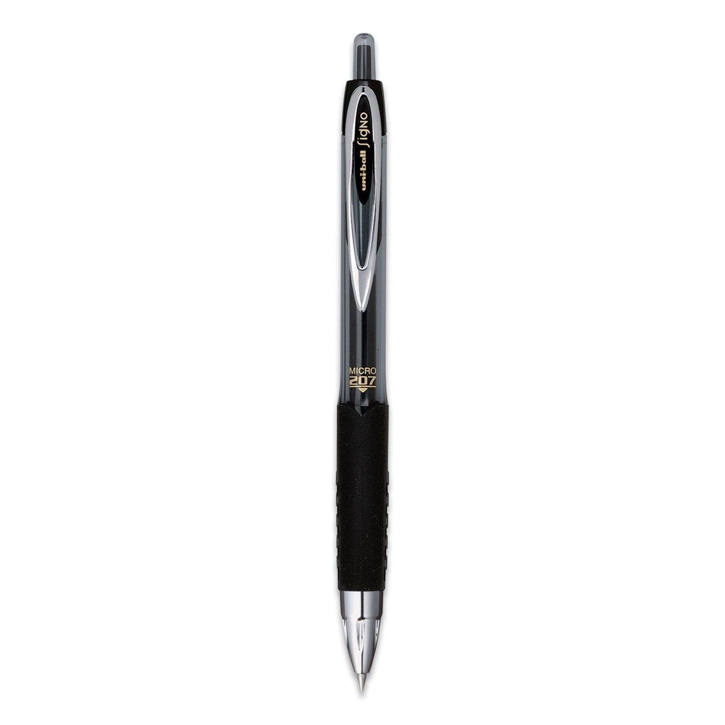 uniball Signo 207 Gel Pen, Retractable, Micro 0.5 mm, Black Ink, Smoke/Black Barrel, Dozen