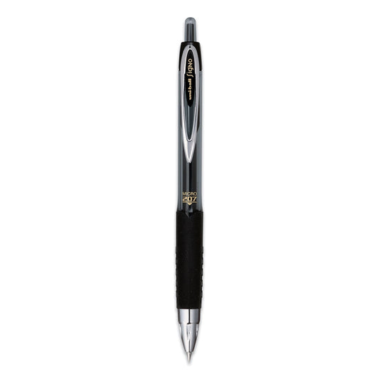 uniball Signo 207 Gel Pen, Retractable, Micro 0.5 mm, Black Ink, Smoke/Black Barrel, Dozen