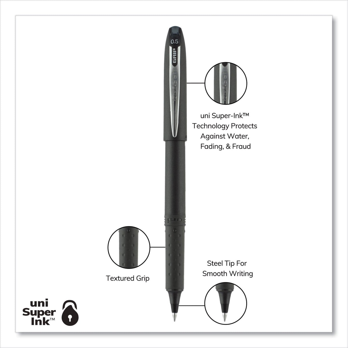 uniball Grip Roller Ball Pen, Stick, Micro 0.5 mm, Black Ink, Black Barrel, Dozen