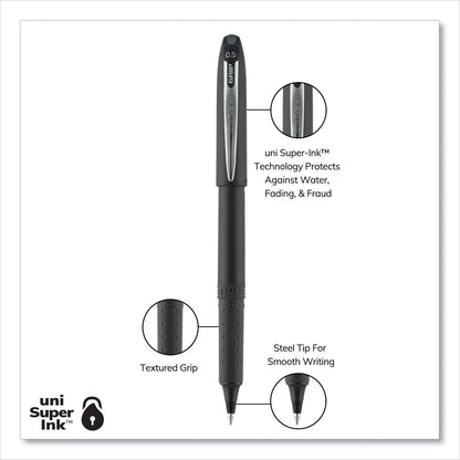 uniball Grip Roller Ball Pen, Stick, Micro 0.5 mm, Black Ink, Black Barrel, Dozen