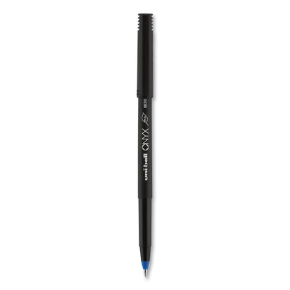 uniball ONYX Roller Ball Pen, Stick, Micro 0.5 mm, Blue Ink, Black Matte Barrel, Dozen