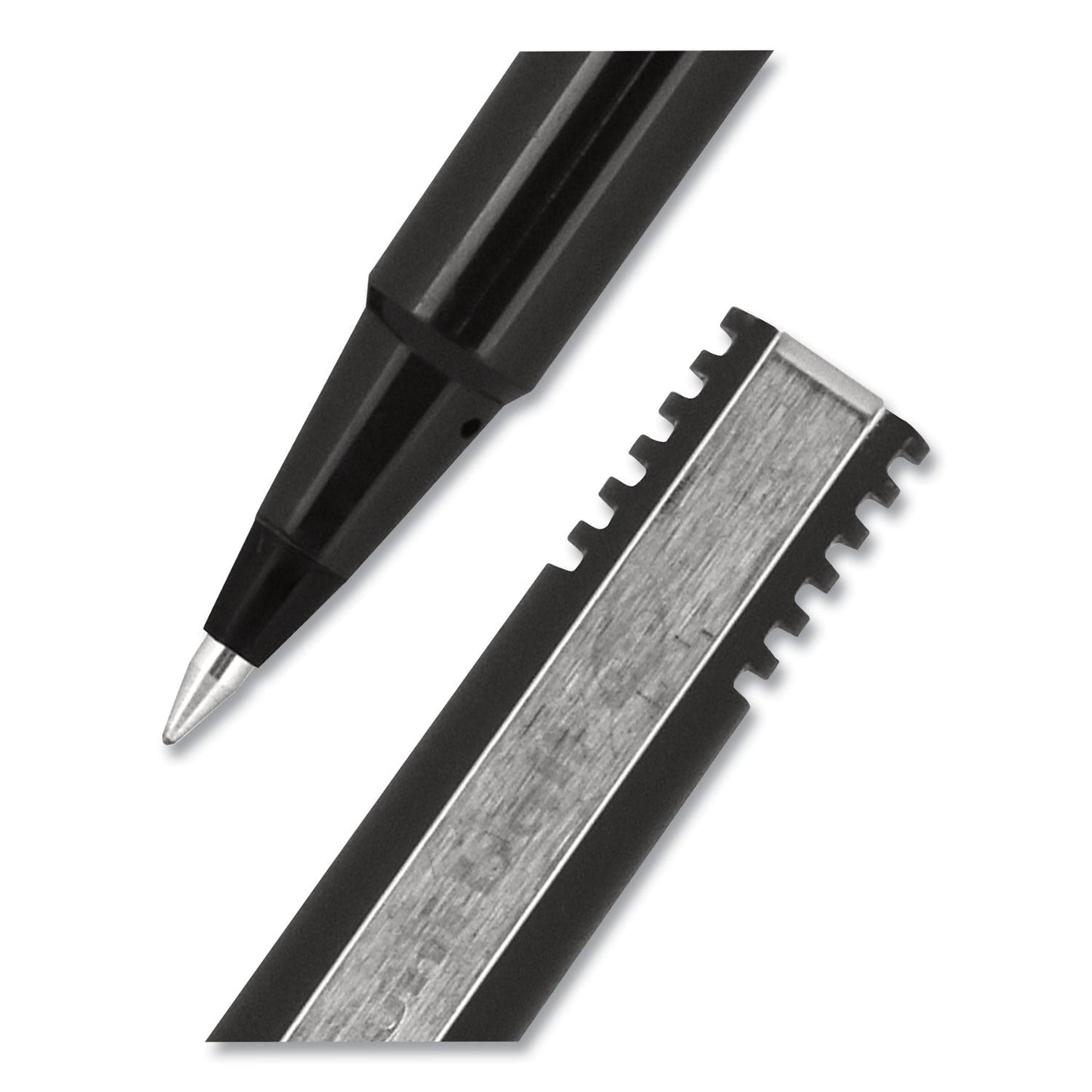 uniball Roller Ball Pen, Stick, Micro 0.5 mm, Black Ink, Black Matte Barrel, 36/Pack