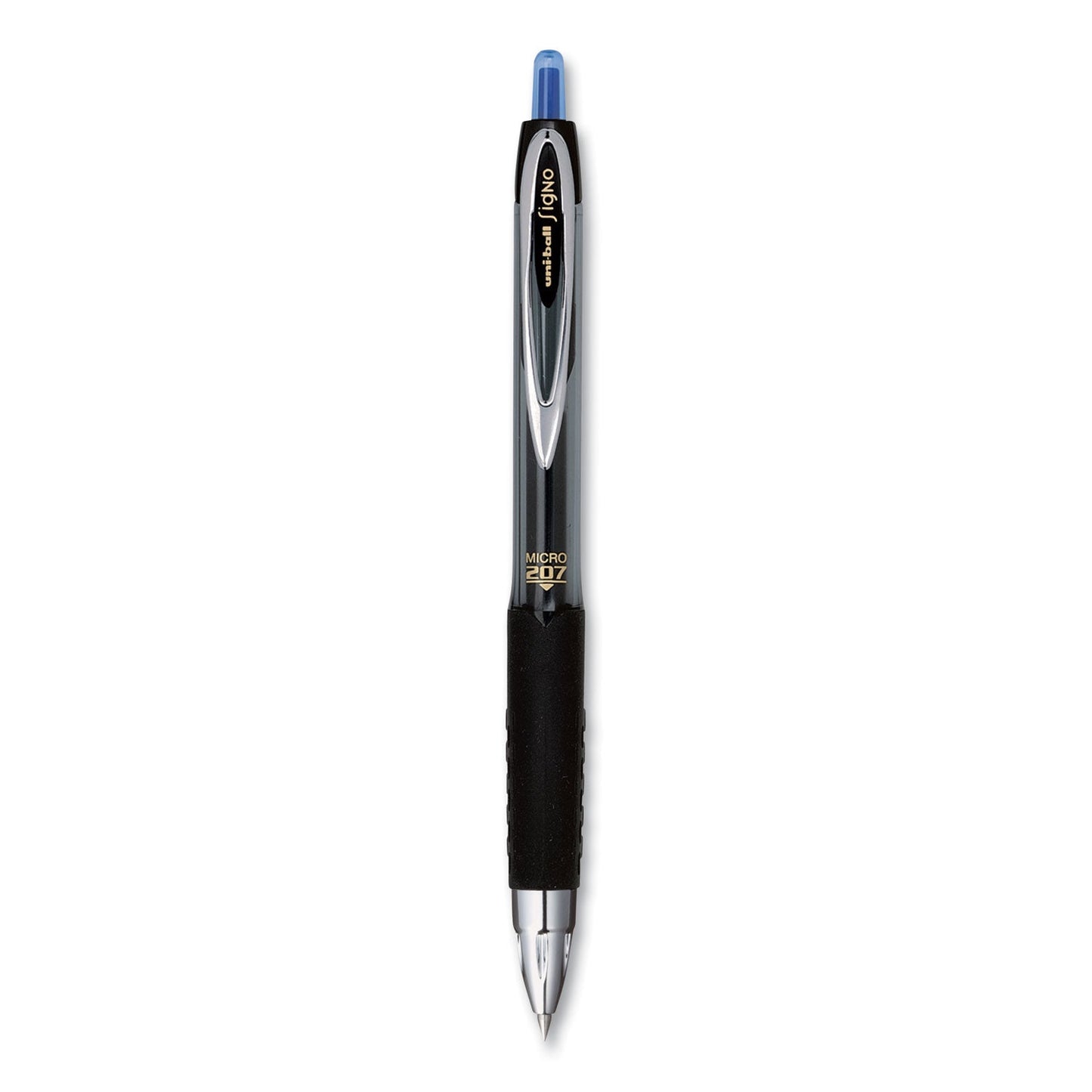 uniball Signo 207 Gel Pen, Retractable, Micro 0.5 mm, Blue Ink, Smoke/Black/Blue Barrel, Dozen