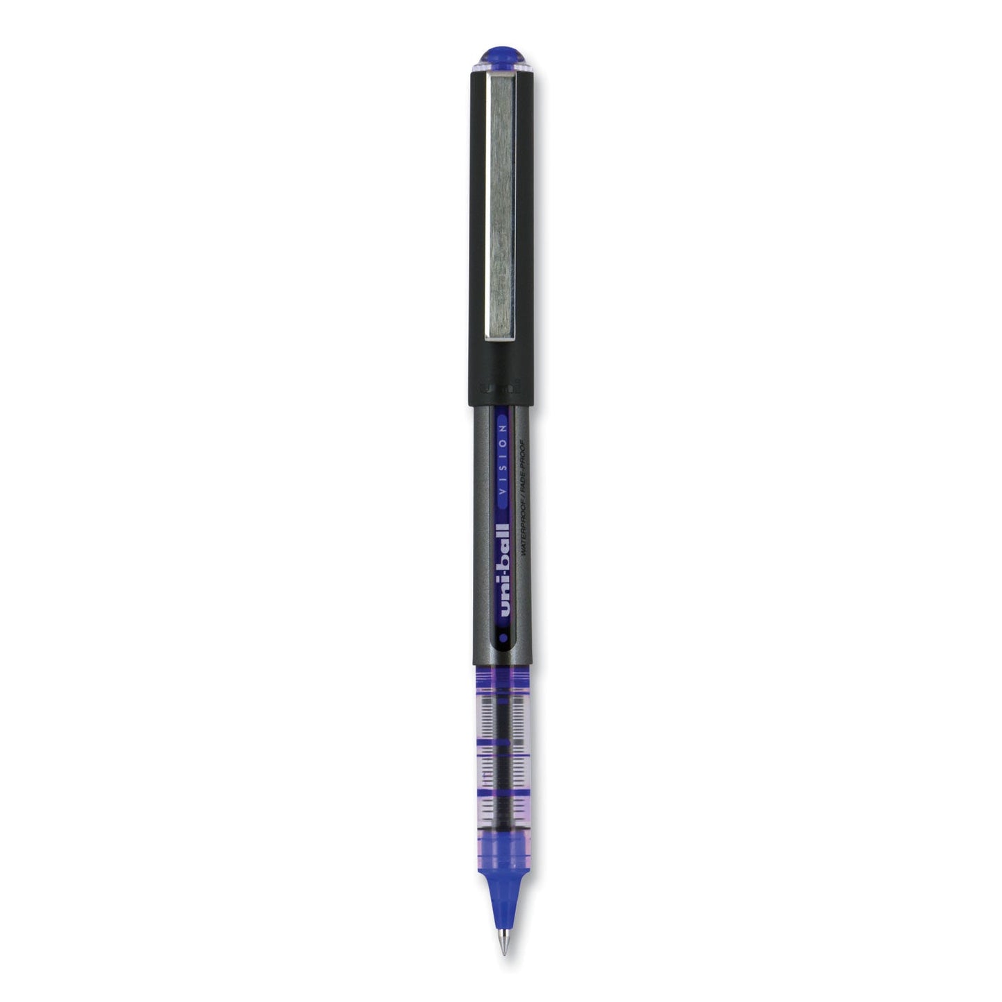 uniball VISION Roller Ball Pen, Stick, Micro 0.5 mm, Blue Ink, Blue/Gray Barrel, Dozen