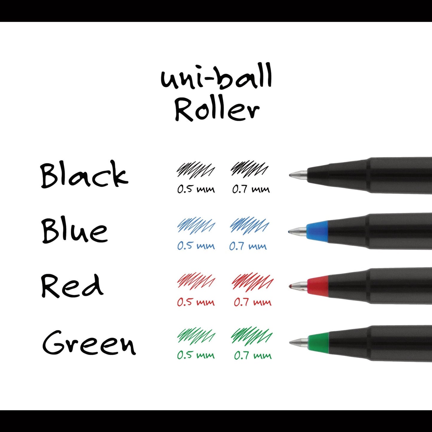uniball Roller Ball Pen, Stick, Fine 0.7 mm, Green Ink, Black Matte Barrel, Dozen