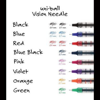 uniball VISION Needle Roller Ball Pen, Stick, Fine 0.7 mm, Blue Ink, Silver Barrel, Dozen