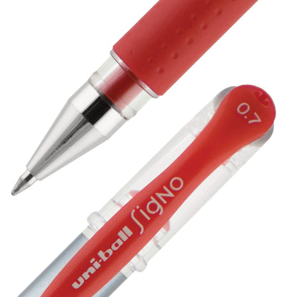 uniball Signo GRIP Gel Pen, Stick, Medium 0.7 mm, Red Ink, Silver/Red Barrel, Dozen