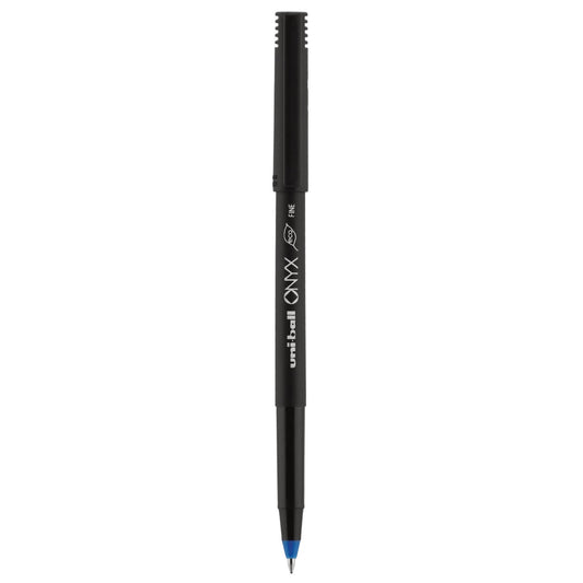 uniball ONYX Roller Ball Pen, Stick, Fine 0.7 mm, Blue Ink, Black Matte Barrel, Dozen