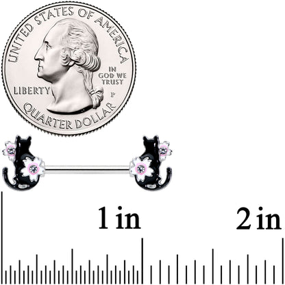 14G 9/16 Clear Gem Flowers Black Cat Barbell Nipple Ring Set