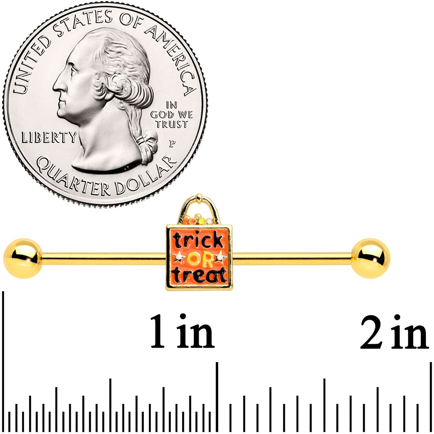 14G Gold Tone Trick or Treat Halloween Industrial Barbell 38mm