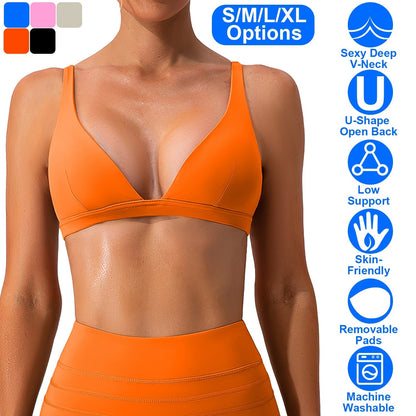 Women Deep V-Neck Sports Bras U-Shaped Back Sport Bras Padded StrappyÊCrop Open Back Low Impact Bras SexyÊFitnessÊTank Tops with Removable Pads for Gy
