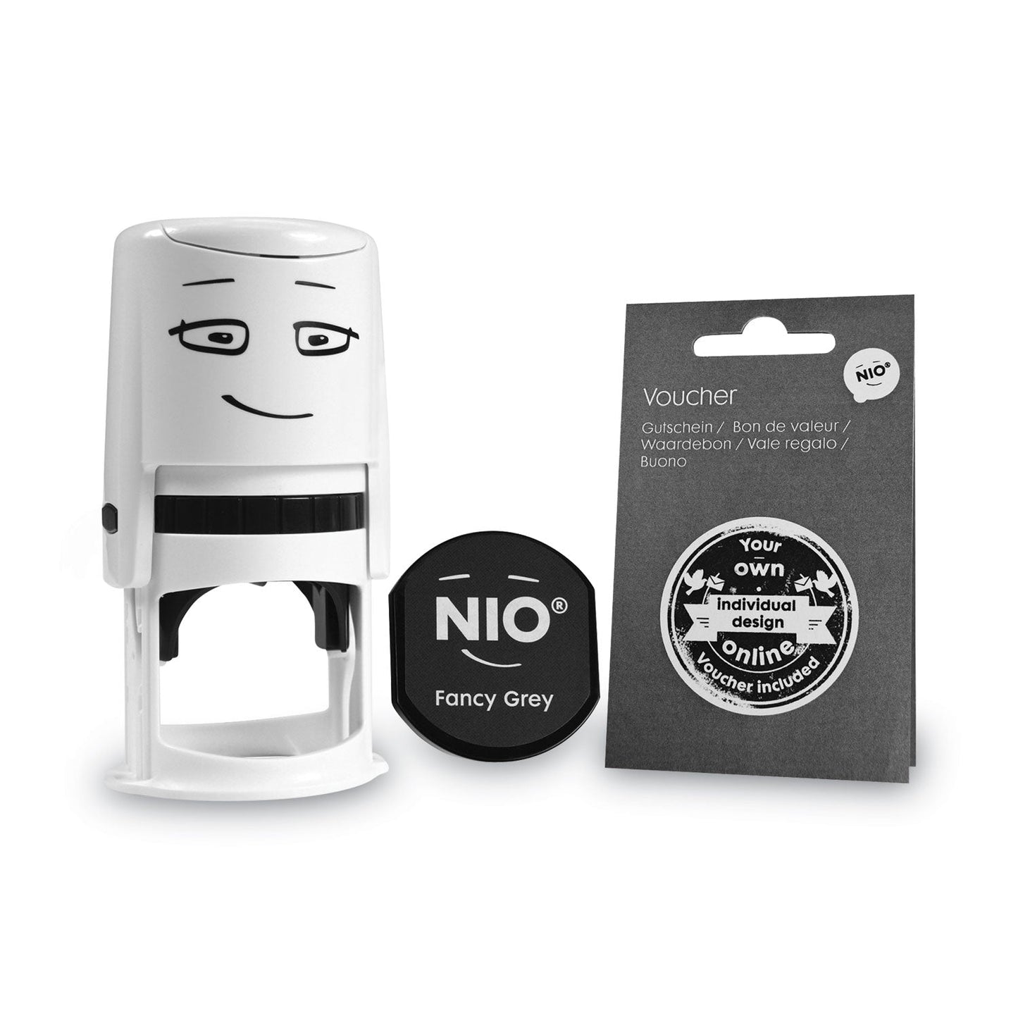 NIO Stamp with Voucher and Fancy Gray Ink Pad, Self-Inking, 1.56" Diameter