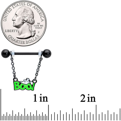 14G 5/8 Black Green Boo Smile Ghost Chain Dangle Nipple Ring Set