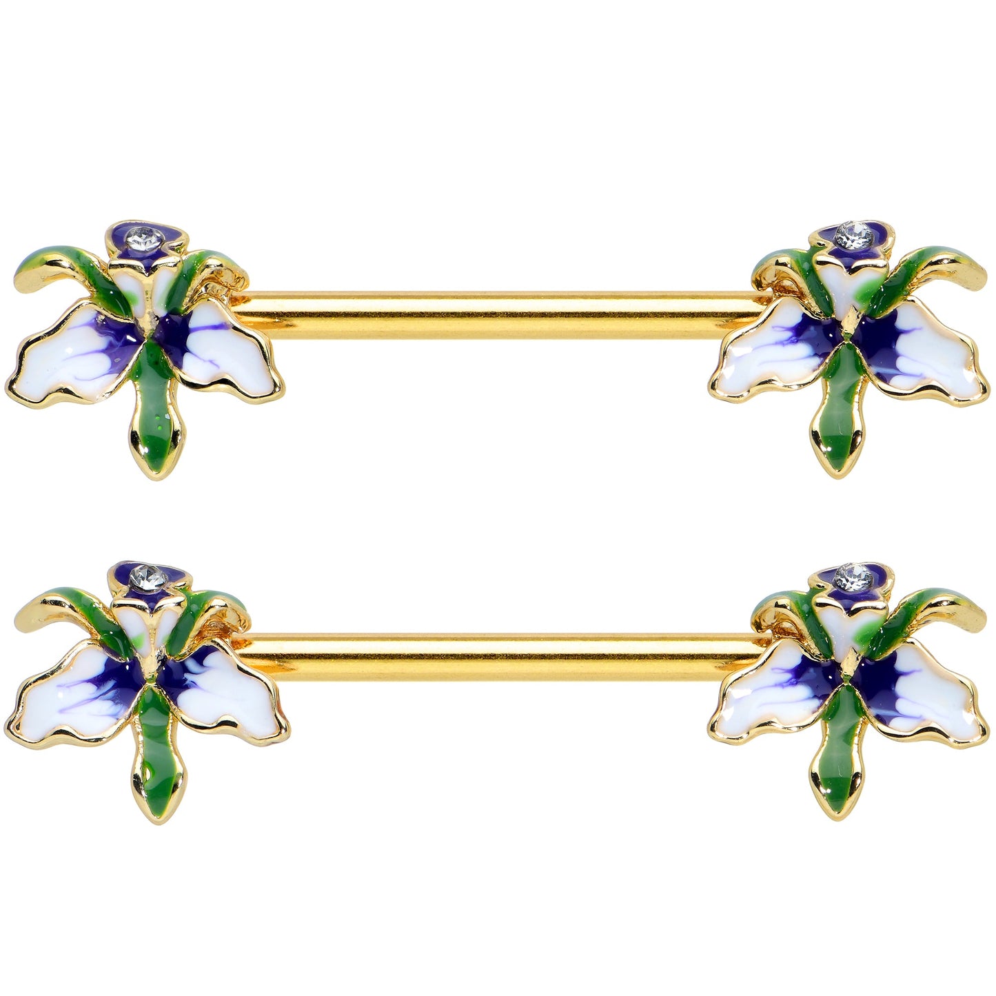 14G 9/16 Clear Gem Gold Tone Iris Flower Barbell Nipple Ring Set