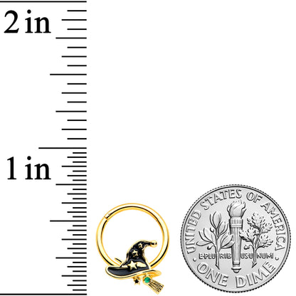 16G 3/8 Gold Tone Witch Hat Broom Halloween Hinged Segment Ring