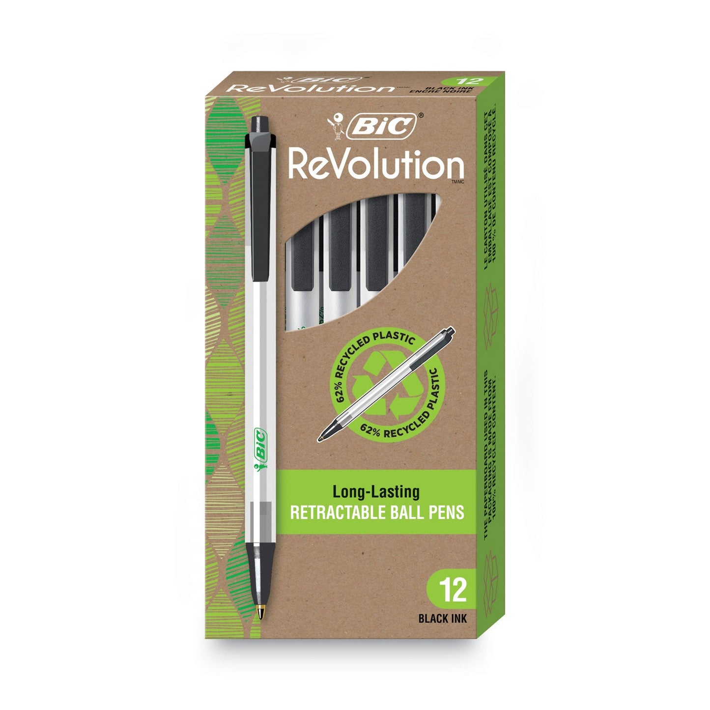 BIC Ecolutions Clic Stic Ballpoint Pen, Retractable, Medium 1 mm, Black Ink, Clear Barrel, Dozen