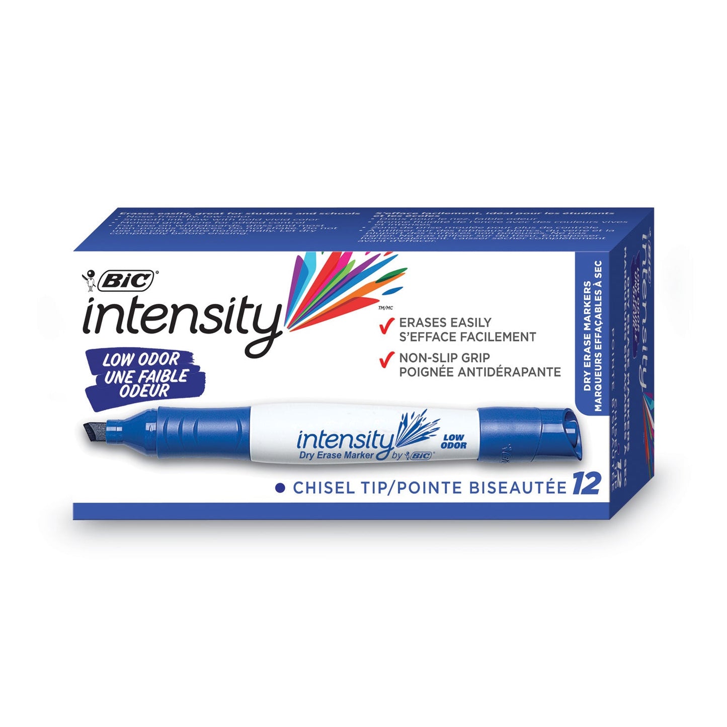 BIC Intensity Low Odor Chisel Tip Dry Erase Marker, Broad Chisel Tip, Blue, Dozen
