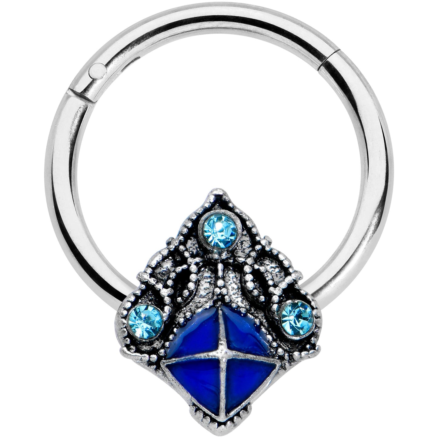 16G 3/8 Blue Gem Rococo Blue Hinged Segment Ring