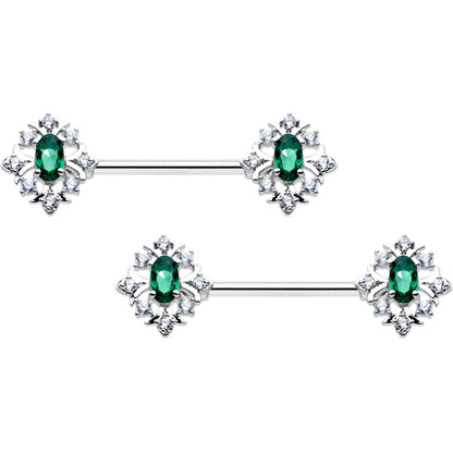 14G 9/16 Clear Green Gem Ornate Art Deco Barbell Nipple Ring Set