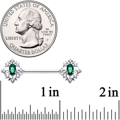 14G 9/16 Clear Green Gem Ornate Art Deco Barbell Nipple Ring Set