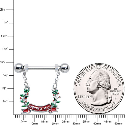 14G 9/16 Festive Merry Christmas Chain Dangle Nipple Ring Set