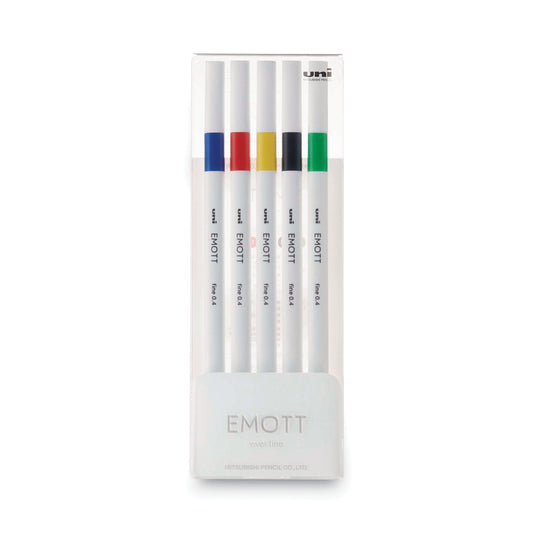 uniball EMOTT Porous Point Pen, Stick, Fine 0.4 mm, Assorted Ink Colors, White Barrel, 5/Pack