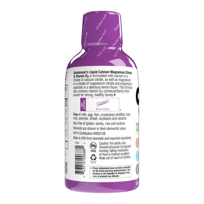 Bluebonnet Kosher Calcium Magnesium Citrate Plus Vitamin D3 Liquid Strawberry Flavor 16 oz