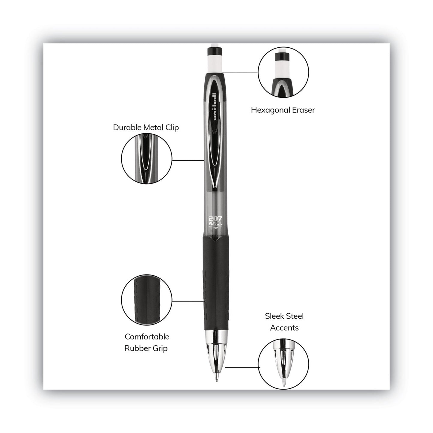 uniball 207 Mechanical Pencil, 0.7 mm, HB (#2), Black Lead, Black Barrel, Dozen