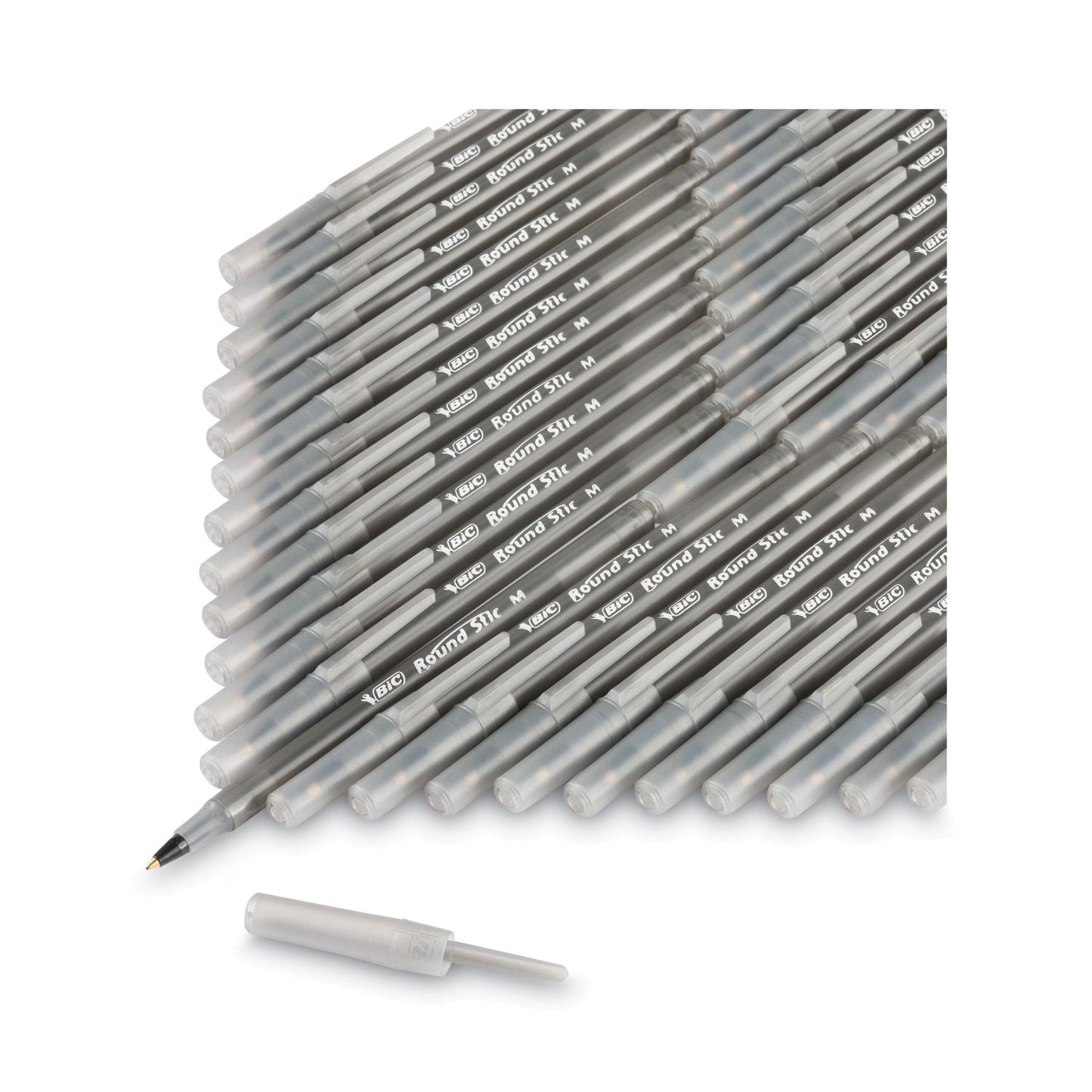 BIC Round Stic Xtra Life Ballpoint Pen, Stick, Medium 1 mm, Black Ink, Smoke Barrel, Dozen