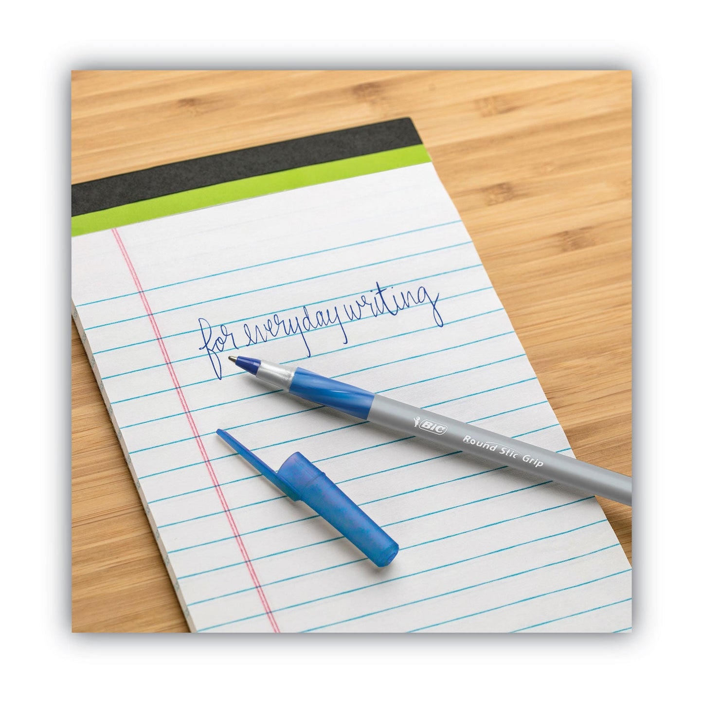 BIC Round Stic Grip Xtra Comfort Ballpoint Pen, Easy-Glide, Stick, Medium 1.2 mm, Blue Ink, Gray/Blue Barrel, Dozen