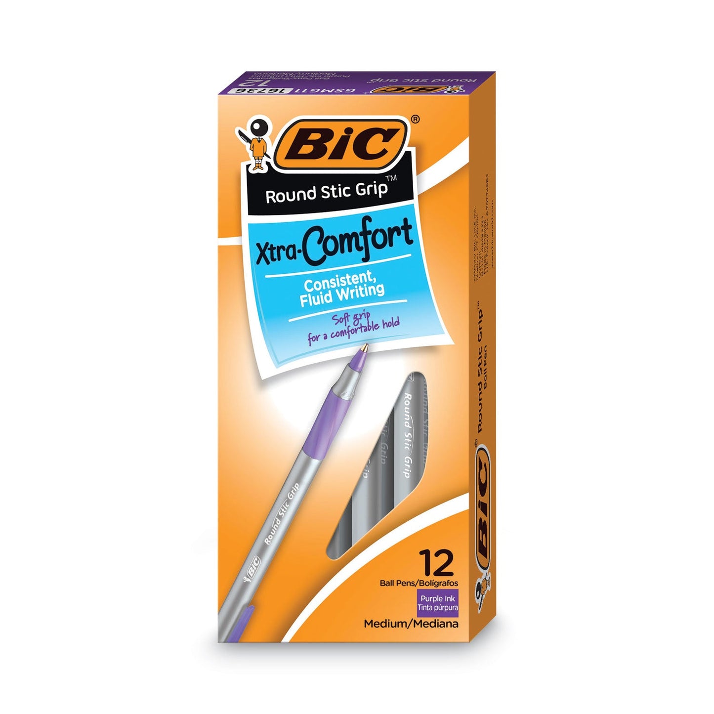 BIC Round Stic Grip Xtra Comfort Ballpoint Pen, Easy-Glide, Stick, Medium 1.2 mm, Purple Ink, Gray/Purple Barrel, Dozen