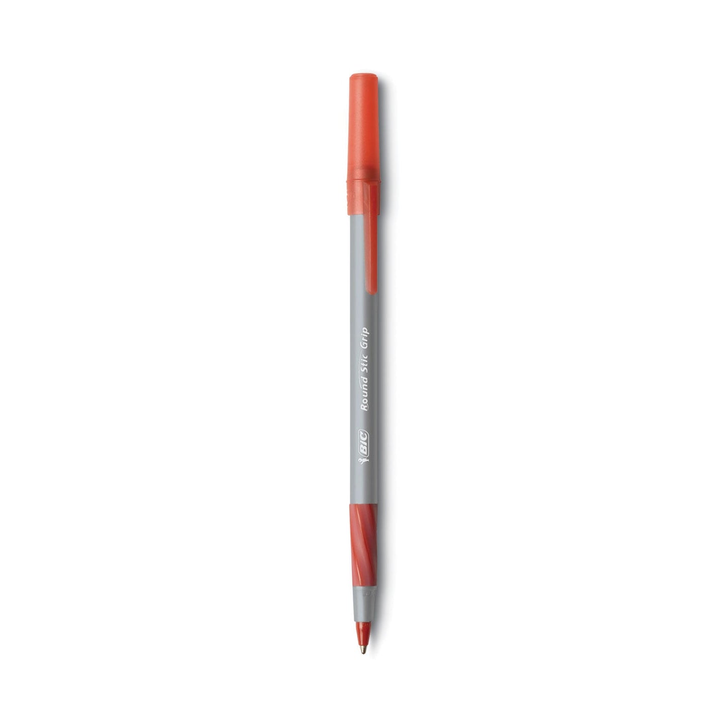 BIC Round Stic Grip Xtra Comfort Ballpoint Pen, Easy-Glide, Stick, Medium 1.2 mm, Red Ink, Gray/Red Barrel, Dozen