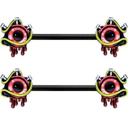 14G 9/16 Black Spiky Eyeball Halloween Barbell Nipple Ring Set