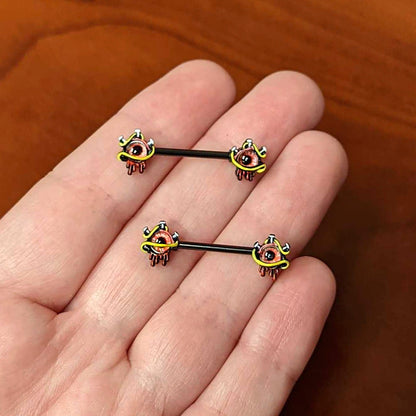 14G 9/16 Black Spiky Eyeball Halloween Barbell Nipple Ring Set