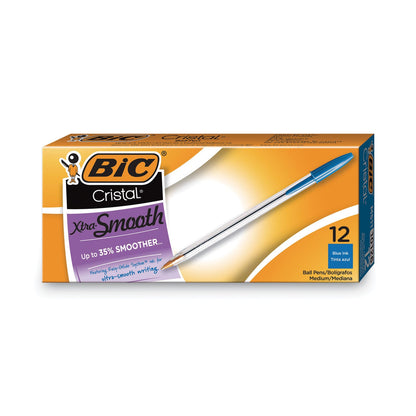 BIC Cristal Xtra Smooth Ballpoint Pen, Stick, Medium 1 mm, Blue Ink, Clear Barrel, Dozen