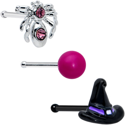 20G 1/4 Pink Gem Spider Witch Halloween Nose Bone Set of 3