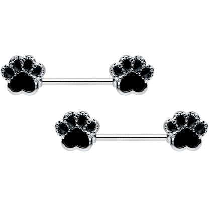 14G 9/16 Textured Black Paw Print Barbell Nipple Ring Set