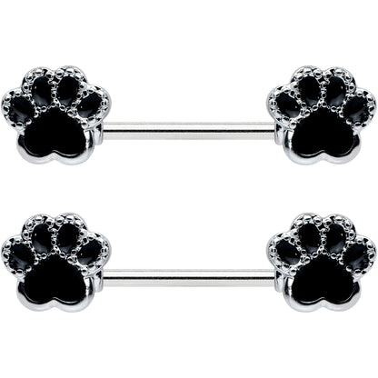 14G 9/16 Textured Black Paw Print Barbell Nipple Ring Set