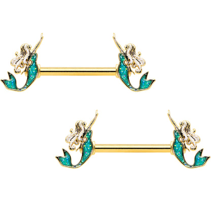 14G 9/16 Green Faux Opal Gold Tone Curvy Mermaid Nipple Ring Set