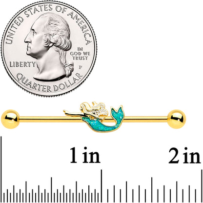 14G Green Faux Opal Gold Hue Tone Mermaid Industrial Barbell 38mm