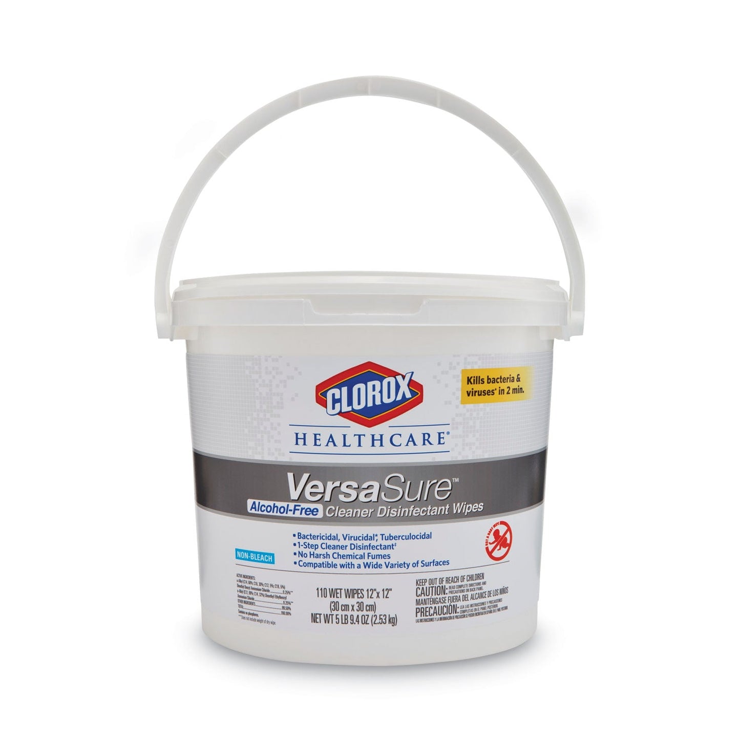 Clorox VersaSure Cleaner Disinfectant Wipes, 1-Ply, 12 x 12, White, 110/Bucket, 2/Carton