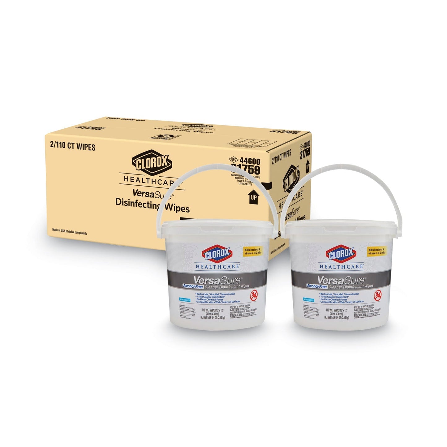 Clorox VersaSure Cleaner Disinfectant Wipes, 1-Ply, 12 x 12, White, 110/Bucket, 2/Carton