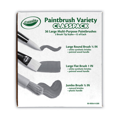 Crayola Large Variety Paint Brush Classpack, Natural; Nylon Bristles, Flat; Round Profiles, 36/Set