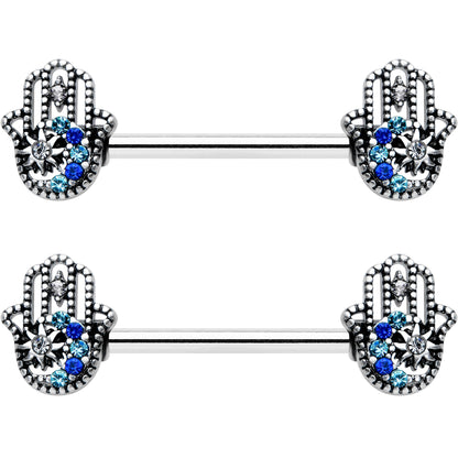 14G 9/16 Clear Blue Gem Textured Hamsa Hand Nipple Ring Set