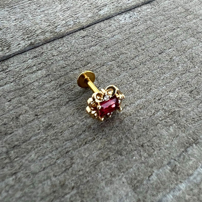 16G 1/4 Red Gem Gold Tone Regal Escutcheon Labret Monroe Tragus