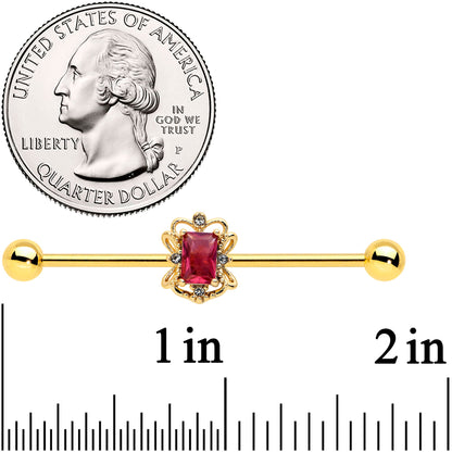 14G Red Gem Gold Tone Regal Escutcheon Industrial Barbell 38mm