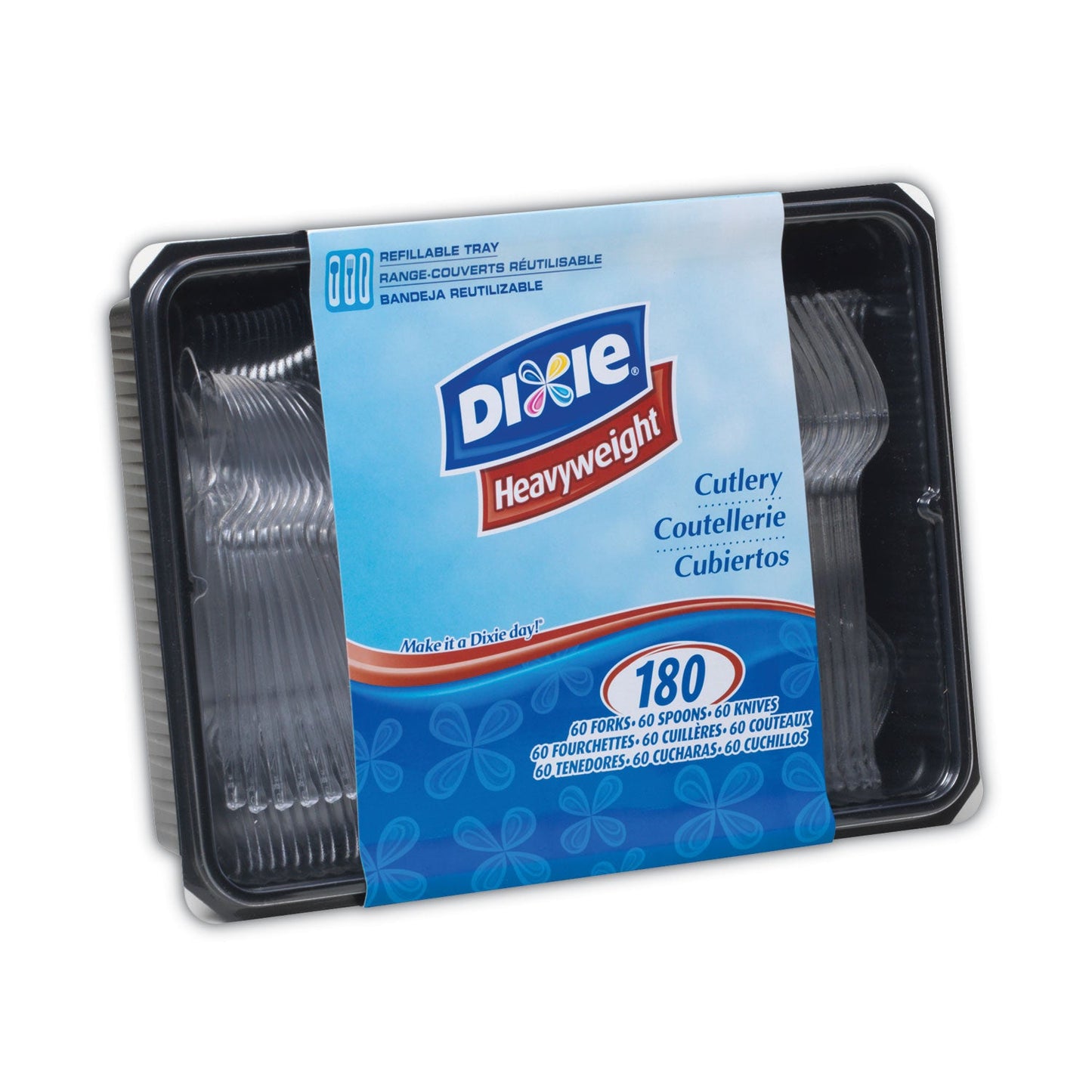 Dixie Cutlery Keeper Tray with Clear Plastic Utensils: 600 Forks, 600 Knives, 600 Spoons